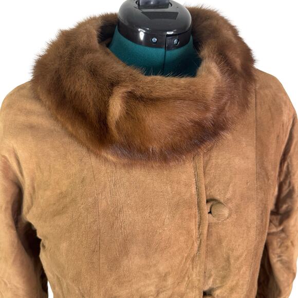 Vintage Brown Suede Coat with Dark Mink Fur Collar XS–S - Picture 6 of 16
